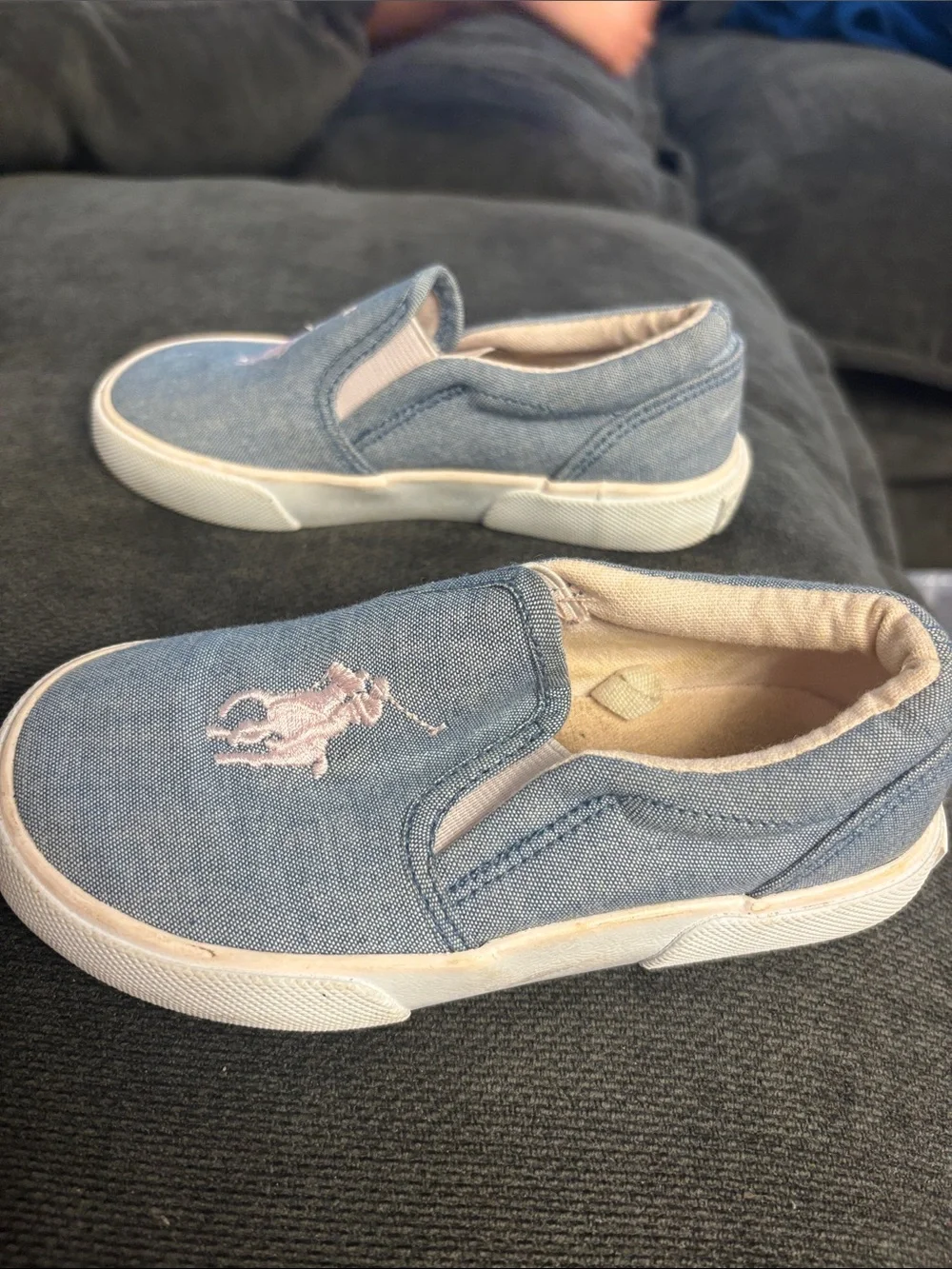 Ralph Lauren Kids Denim Blue Slip-On Sneakers with Pink Polo Logo